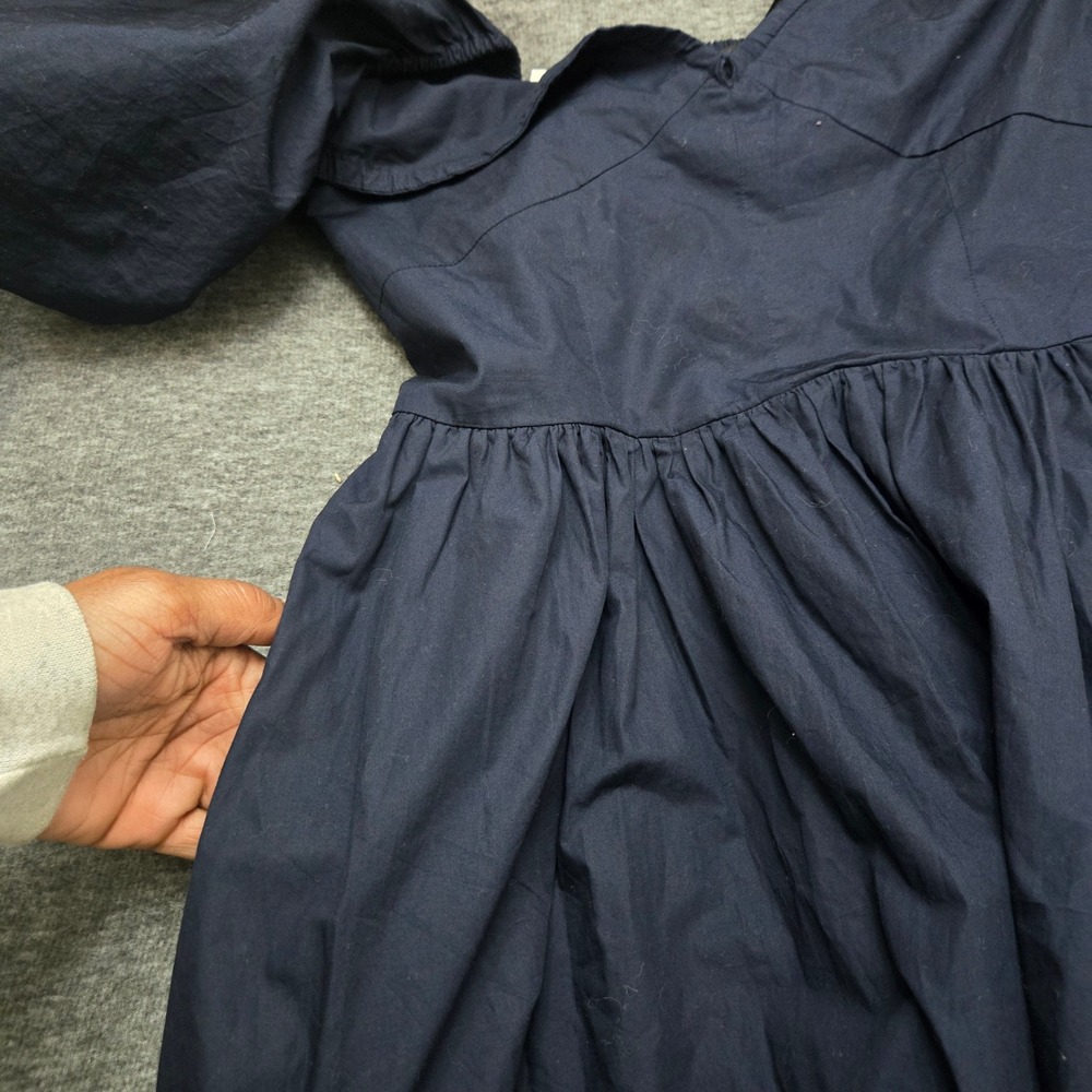 Quince Poplin Puff Sleeve Midi Dress Women Medium Fit Flare Cottagecore Nautical - Picture 6 of 13
